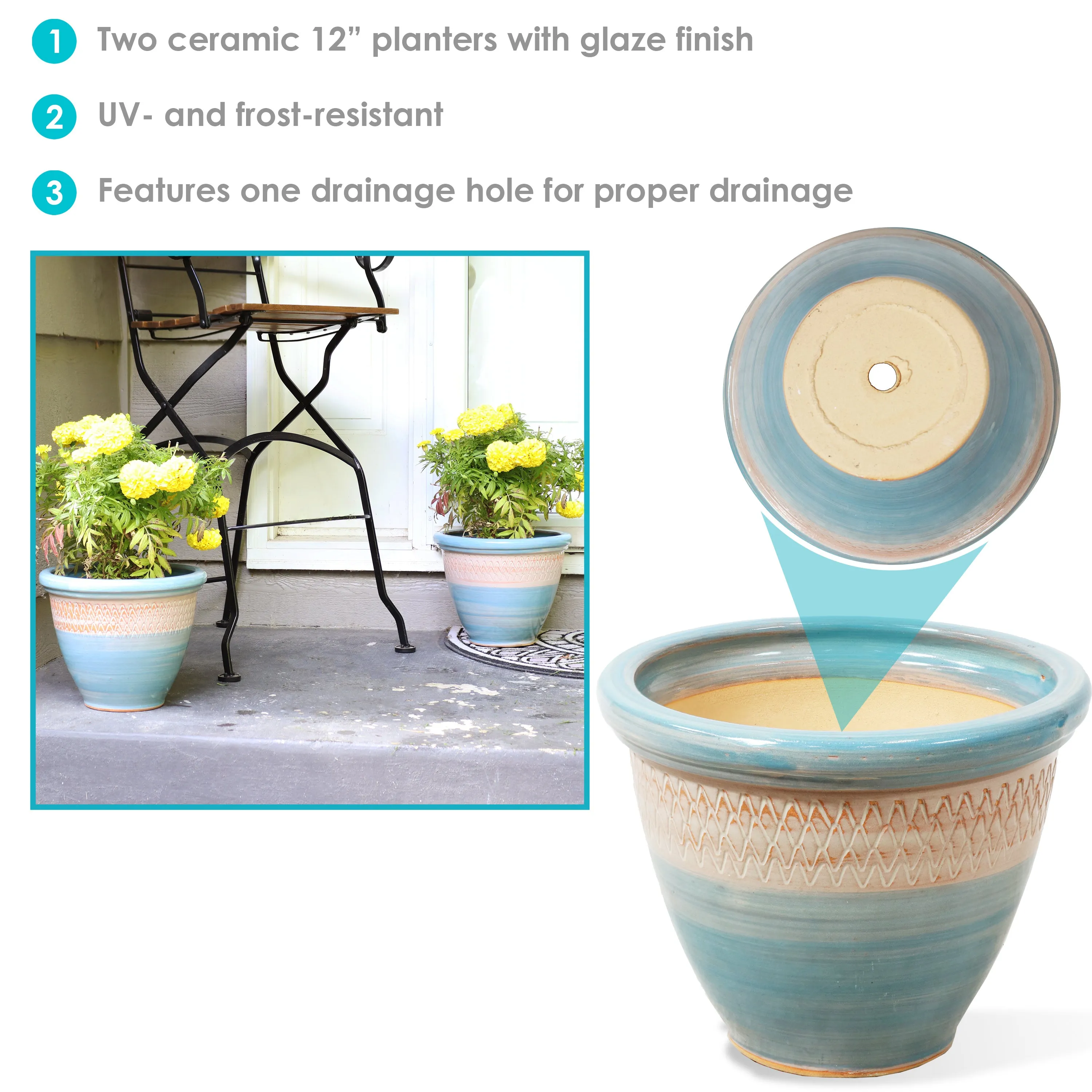 Sunnydaze Set of 2 Indoor/Outdoor Purlieu Ceramic Planters - 12"