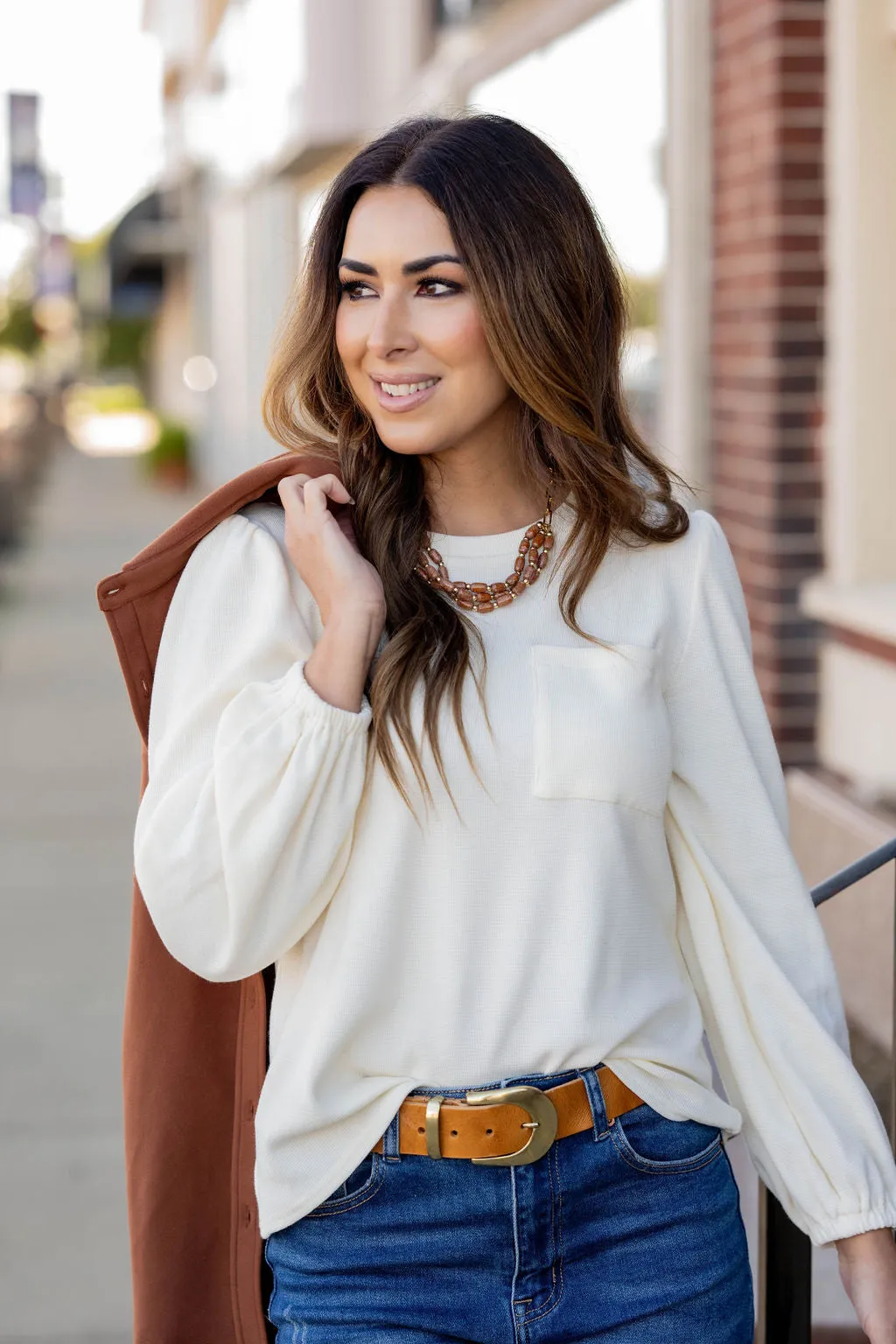 Waffled Balloon Sleeve Tee