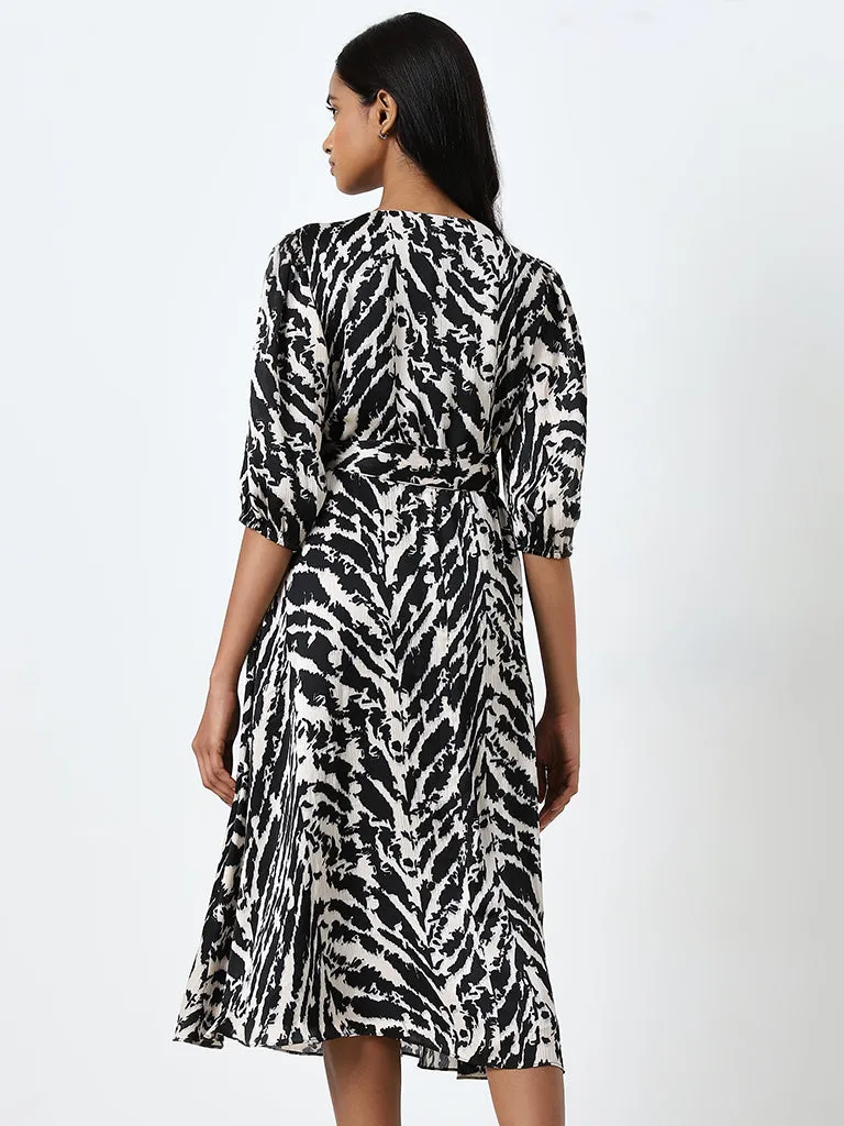 Wardrobe Black Animal Design A-Line Dress with Belt