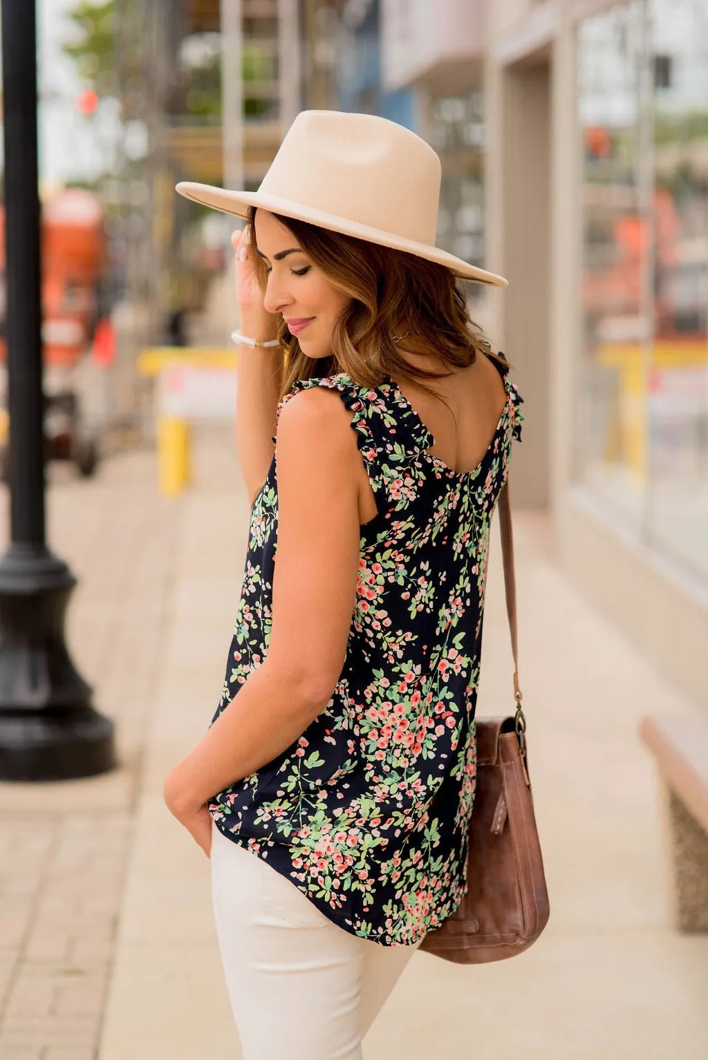 Watercolor Blooms Ruffle Accent Tank