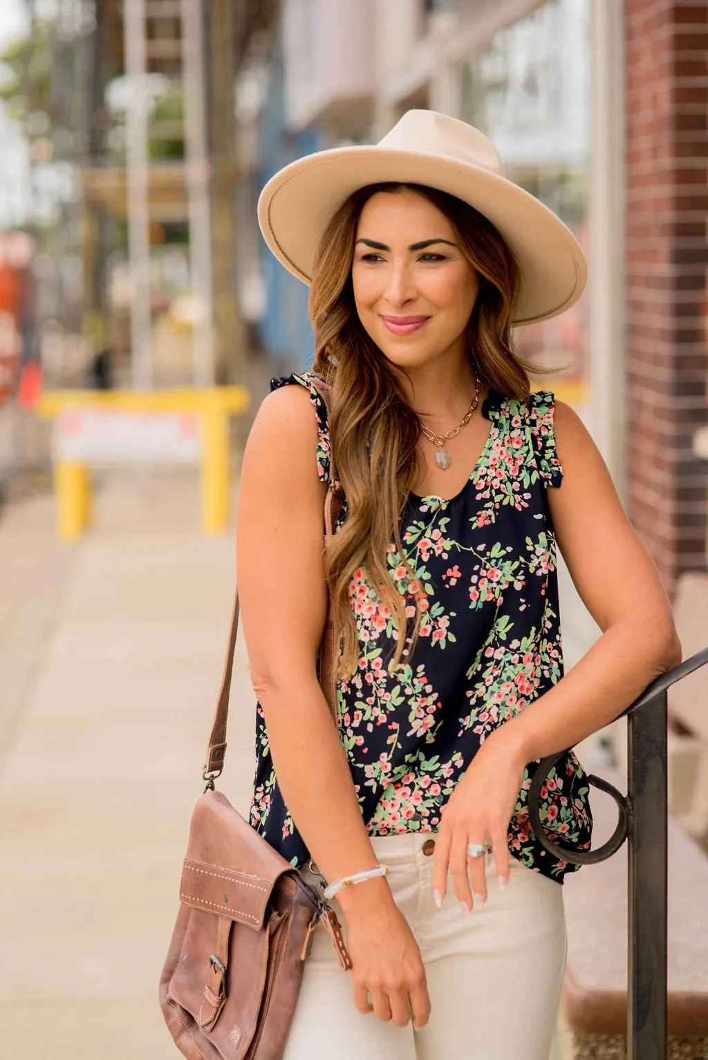 Watercolor Blooms Ruffle Accent Tank