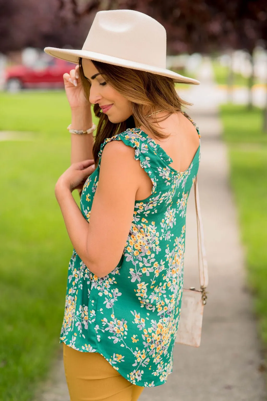 Watercolor Blooms Ruffle Accent Tank