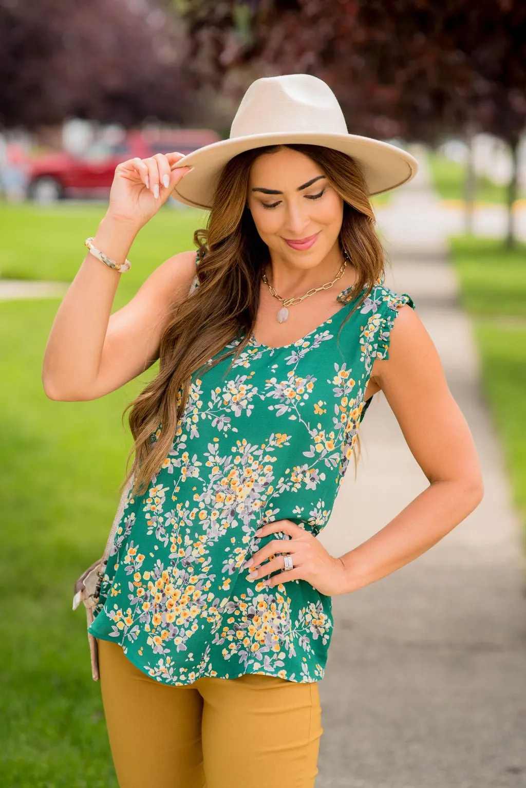 Watercolor Blooms Ruffle Accent Tank