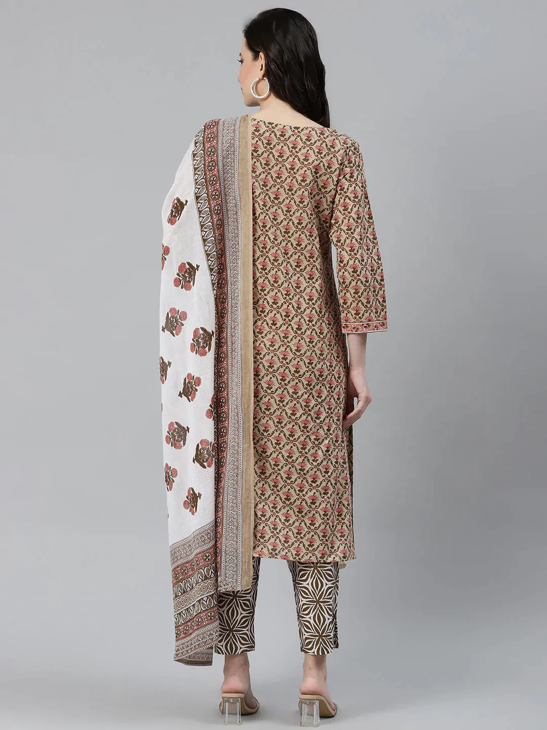 Women Beige & Pink Block Print Pure Cotton Kurta With Trousers & Dupatta