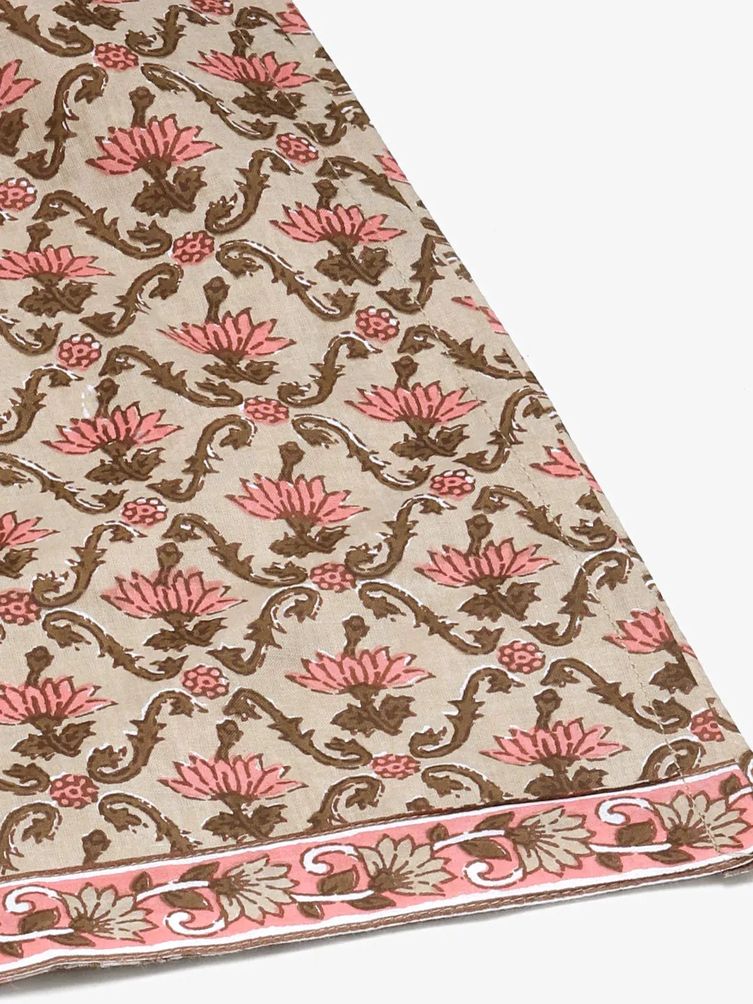 Women Beige & Pink Block Print Pure Cotton Kurta With Trousers & Dupatta