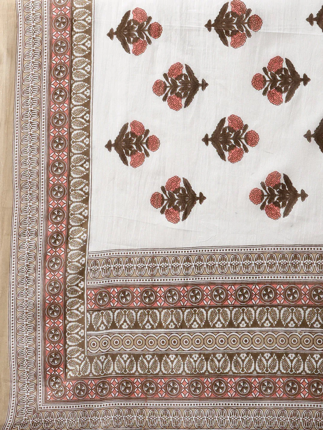 Women Beige & Pink Block Print Pure Cotton Kurta With Trousers & Dupatta