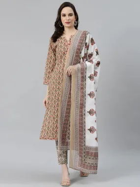 Women Beige & Pink Block Print Pure Cotton Kurta With Trousers & Dupatta