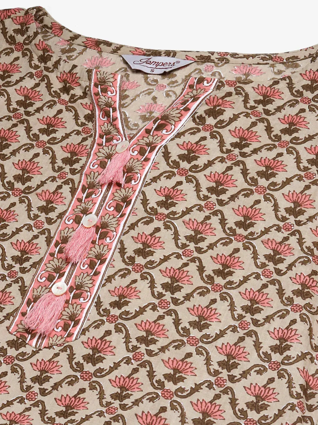 Women Beige & Pink Block Print Pure Cotton Kurta With Trousers & Dupatta