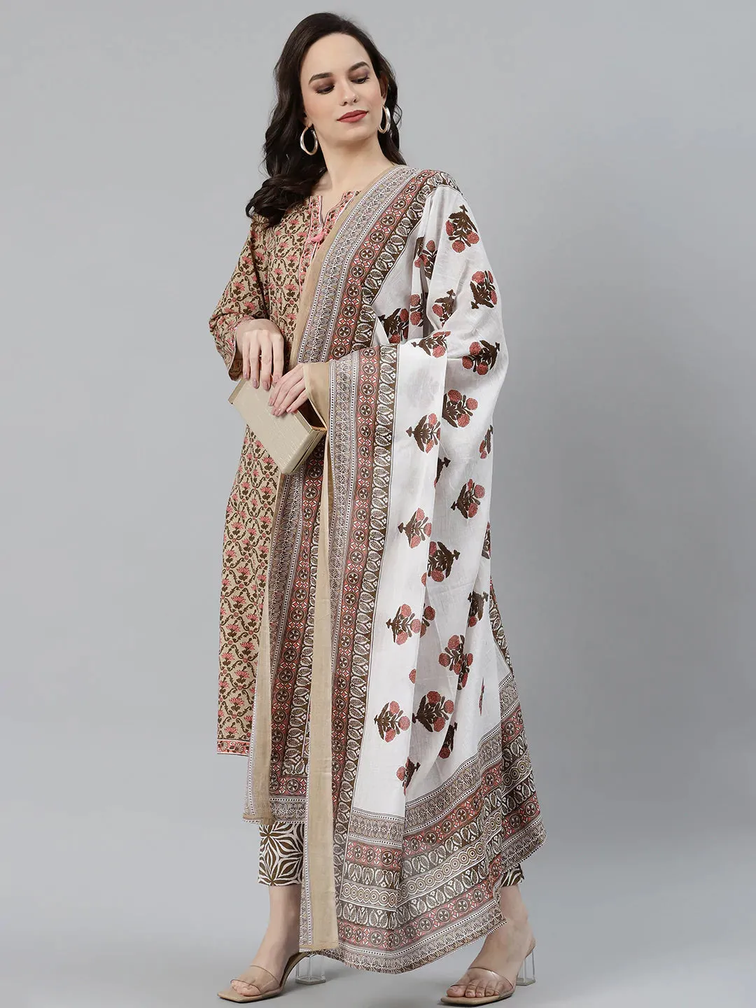 Women Beige & Pink Block Print Pure Cotton Kurta With Trousers & Dupatta