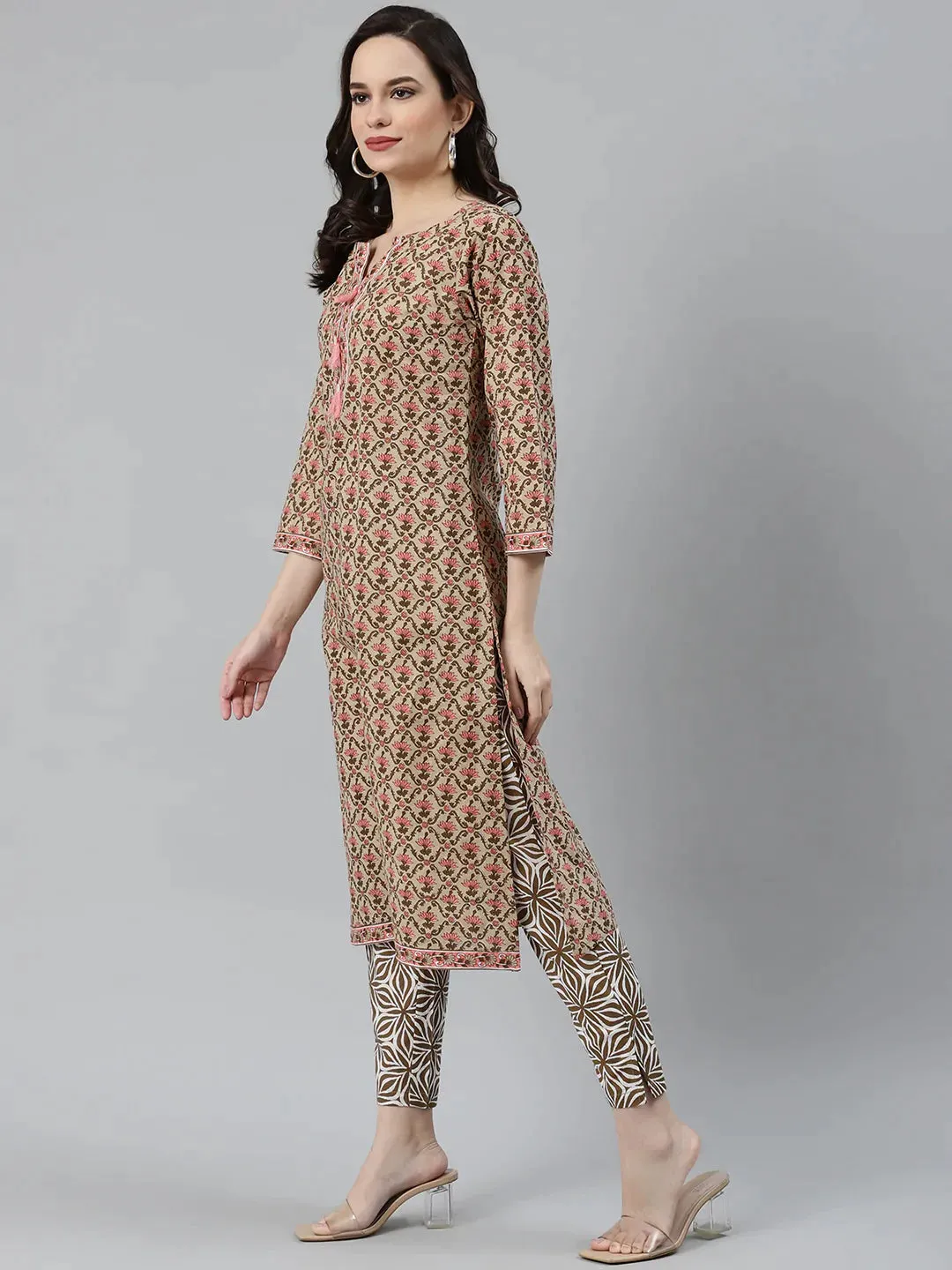 Women Beige & Pink Block Print Pure Cotton Kurta With Trousers & Dupatta
