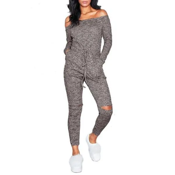 Women Sexy Off Shoulder Jumpsuit - Knitted