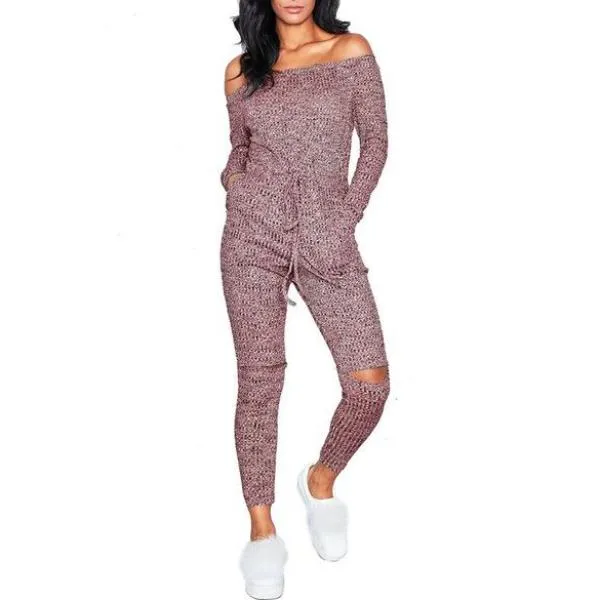 Women Sexy Off Shoulder Jumpsuit - Knitted