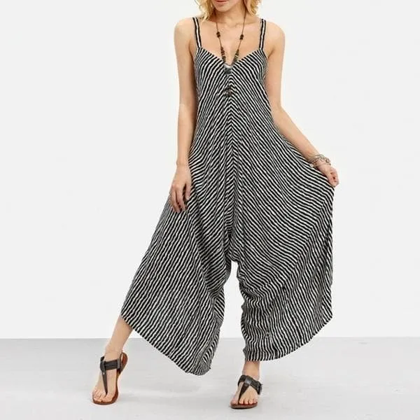 Women Striped Long Casual Jumpsuit Plus Size