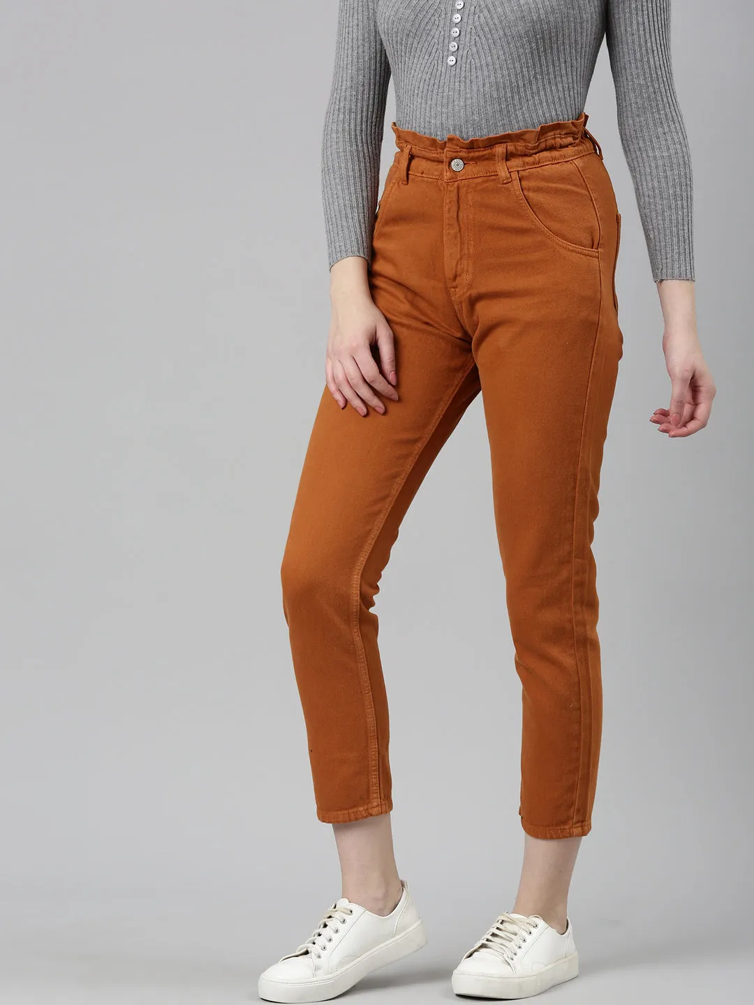 Women Tan Solid Regular Fit Denim Jeans