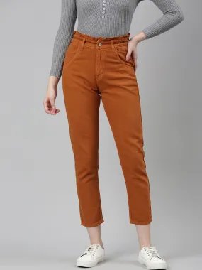 Women Tan Solid Regular Fit Denim Jeans