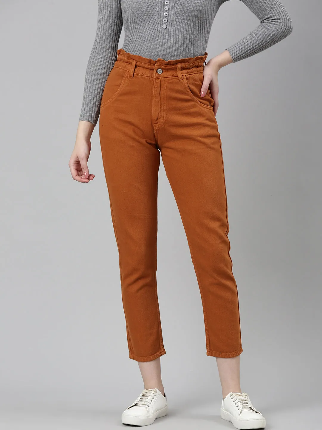 Women Tan Solid Regular Fit Denim Jeans
