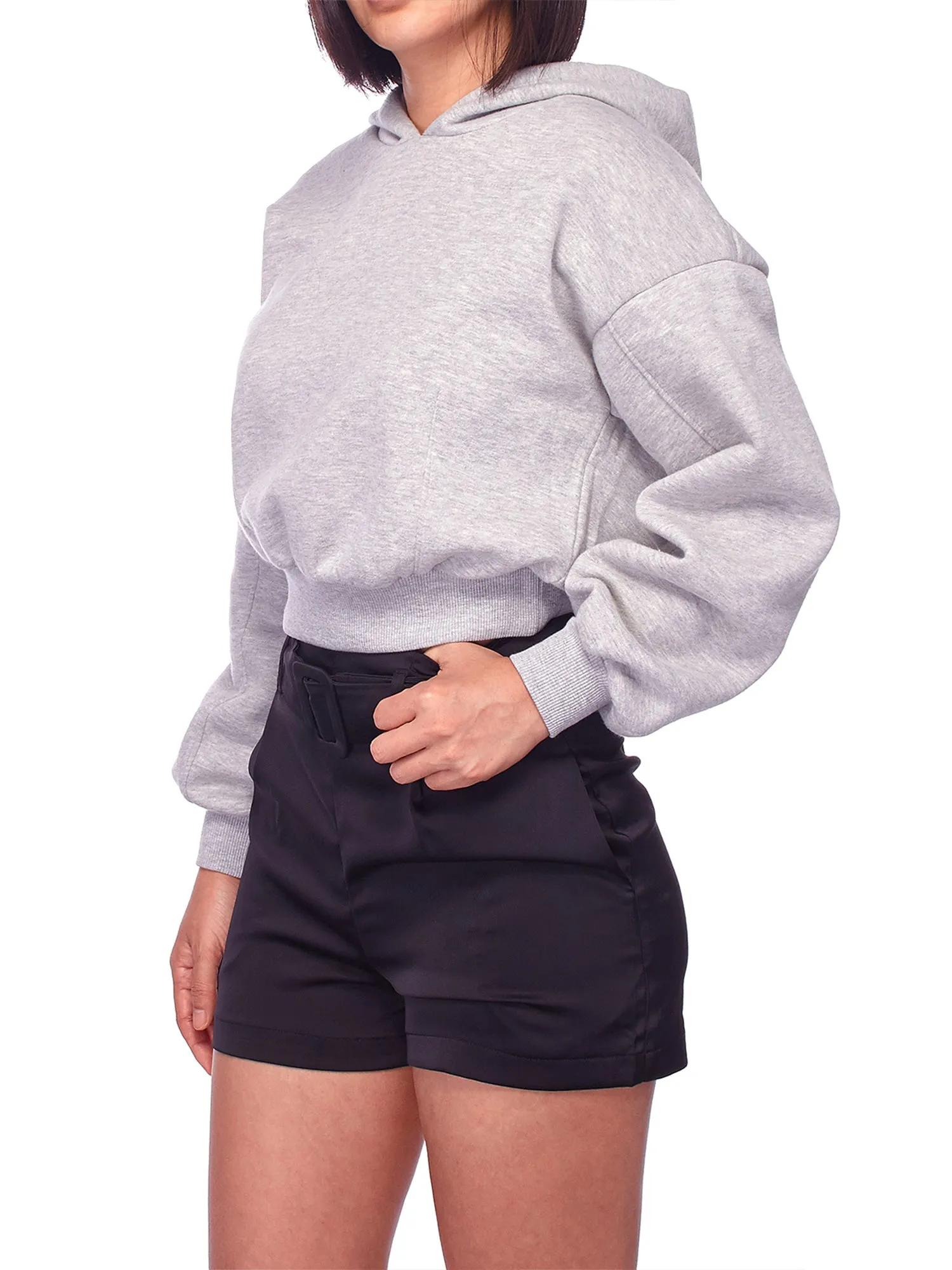 Women's Solid Long Sleeve Casual Pullover Crop Hoodie Sweatshirt (FWH1072)