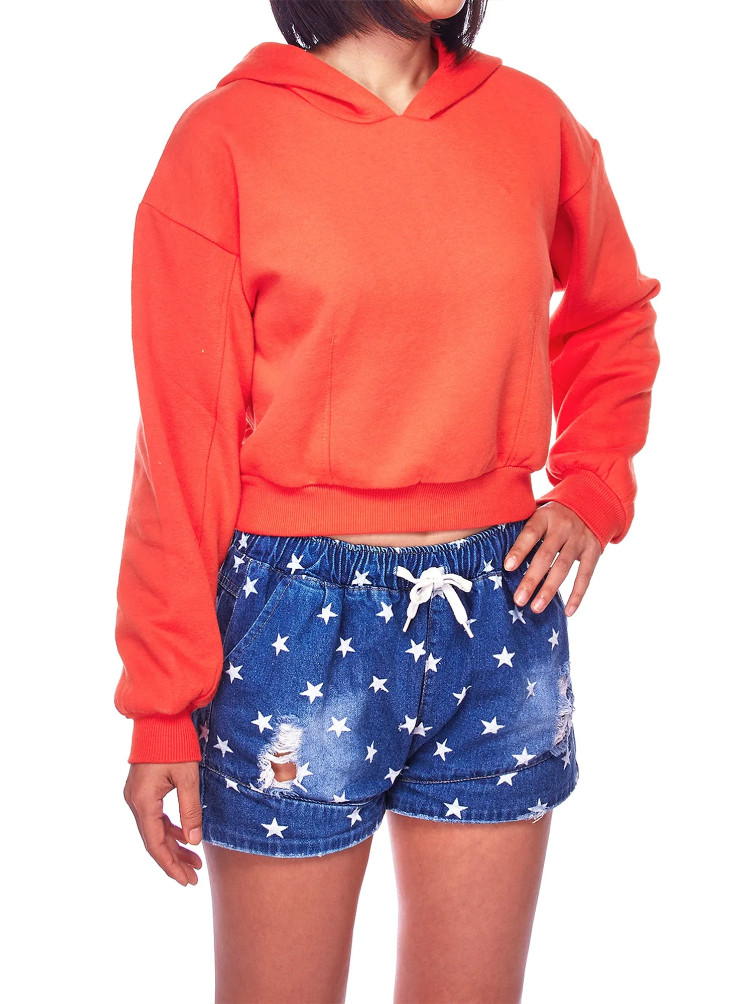 Women's Solid Long Sleeve Casual Pullover Crop Hoodie Sweatshirt (FWH1072)