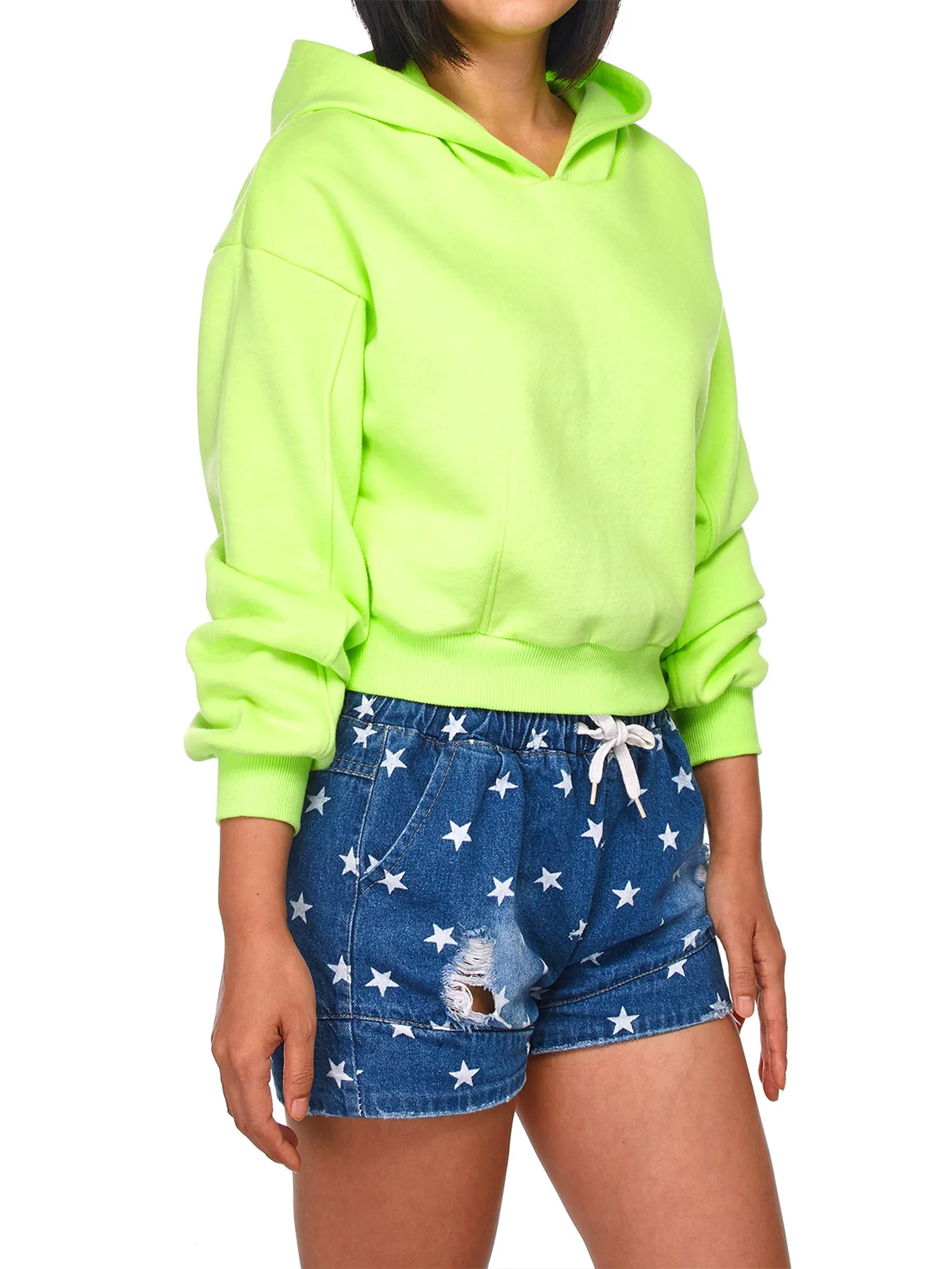 Women's Solid Long Sleeve Casual Pullover Crop Hoodie Sweatshirt (FWH1072)