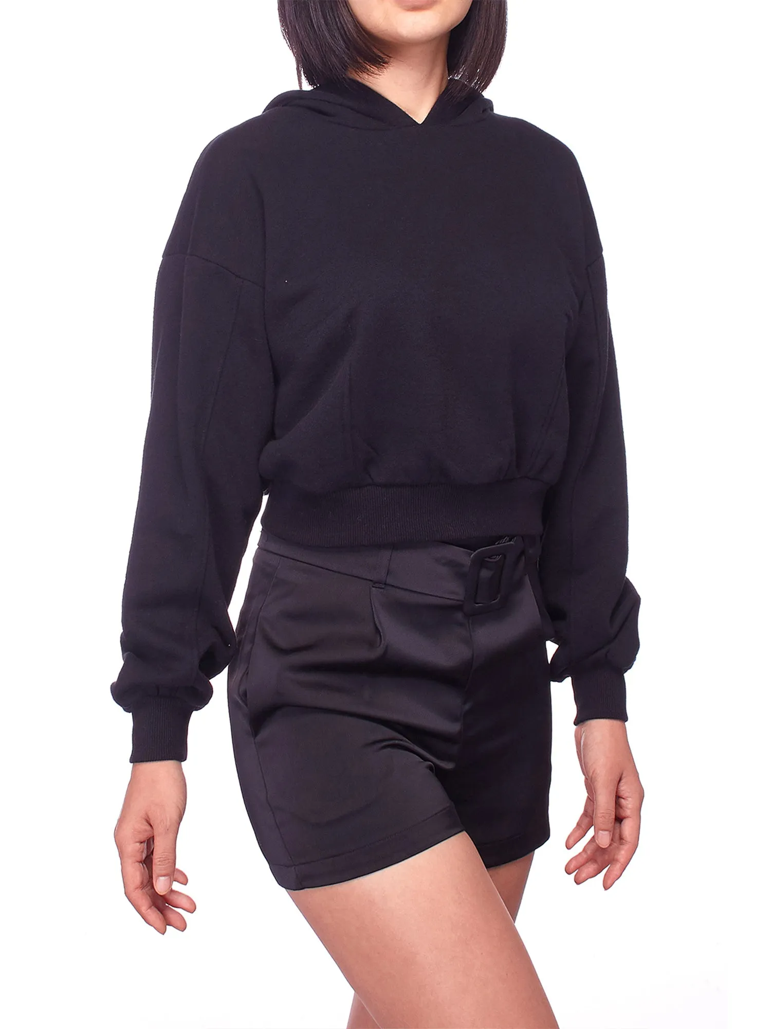 Women's Solid Long Sleeve Casual Pullover Crop Hoodie Sweatshirt (FWH1072)