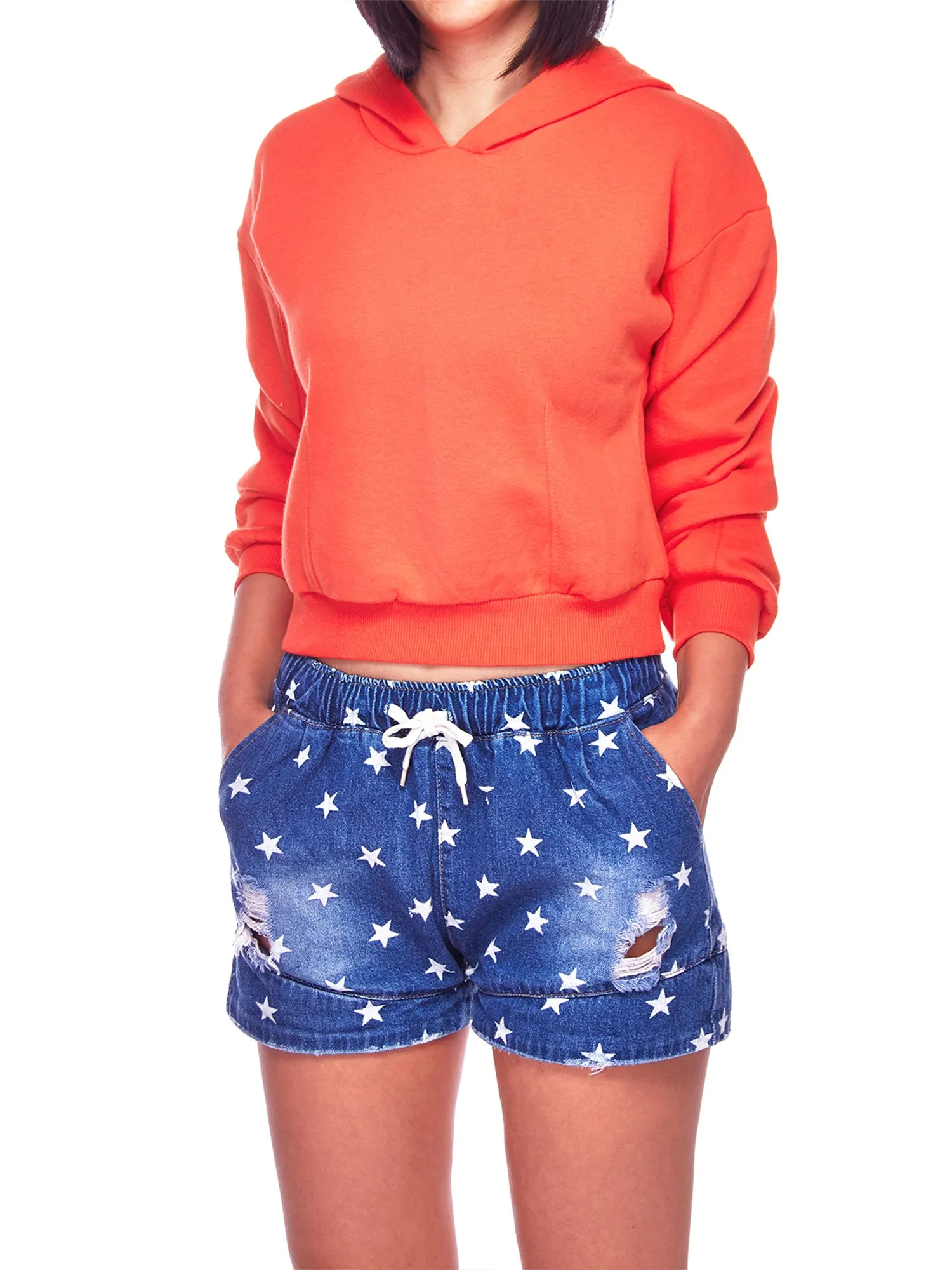 Women's Solid Long Sleeve Casual Pullover Crop Hoodie Sweatshirt (FWH1072)