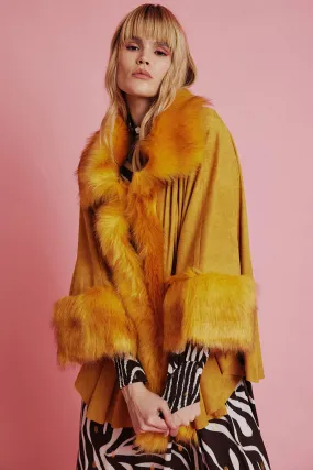 Yellow Faux Fur Suede Cape Jacket